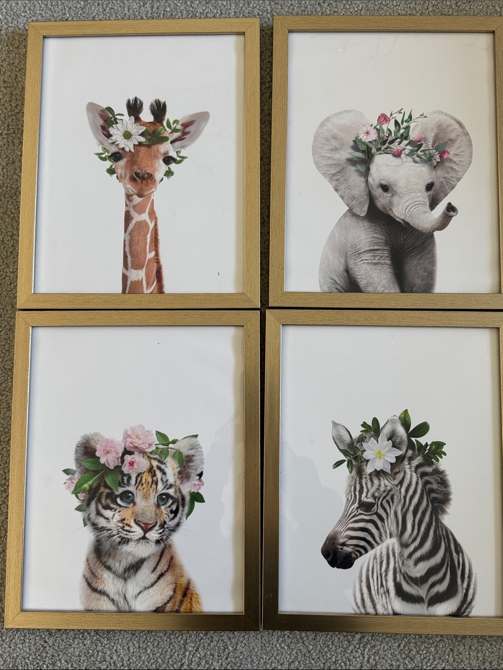 Gold Framed Floral Baby Animal Wall Art Set - 4 Pieces